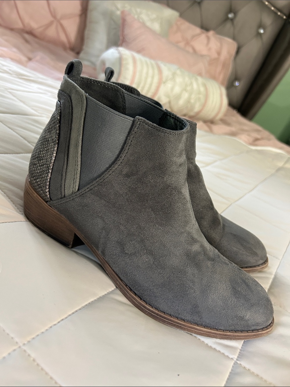 Grey Suede Chelsea Ankle Booties with Textured Heel
